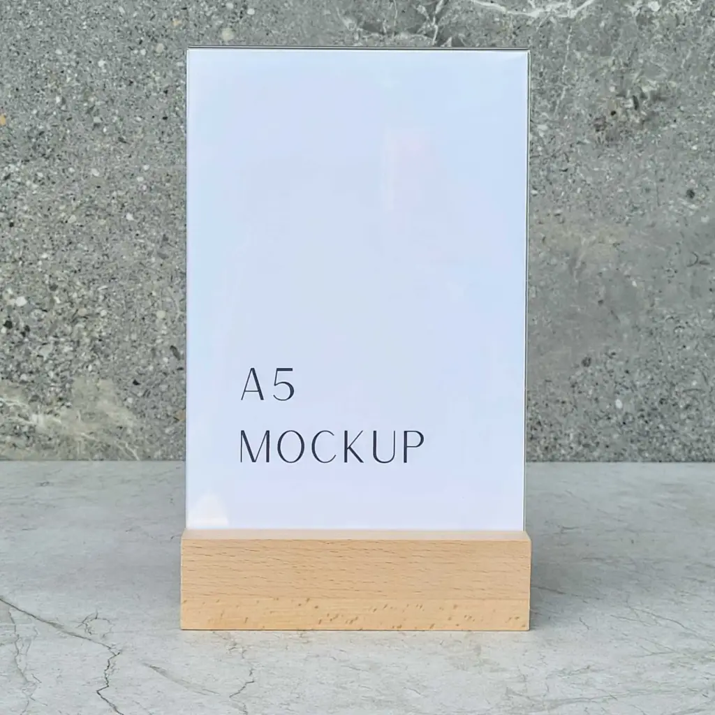 Beech menu stand 150x40x40mm with A5 acrylic pocket