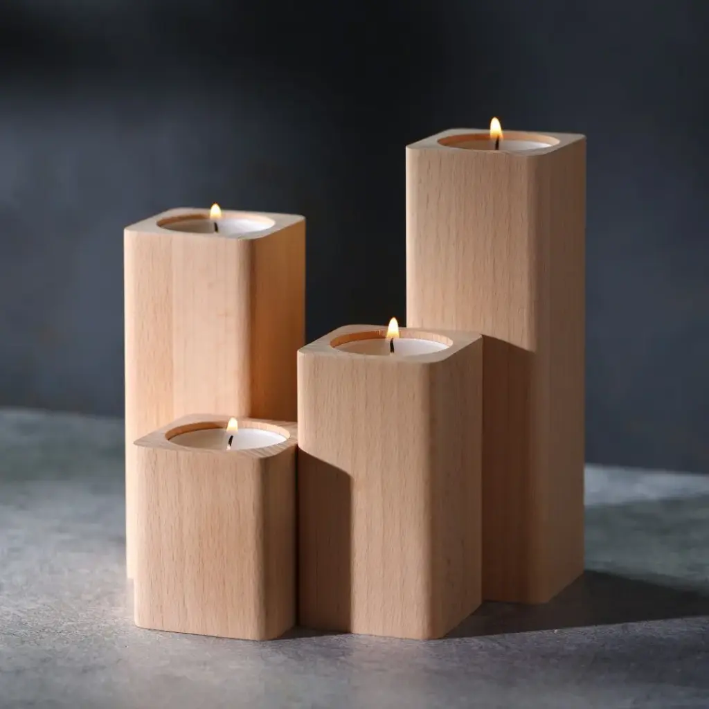 Beech set of tealight stands 50x50x60/90/120/150mm