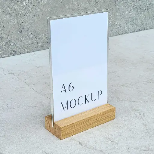 [DB20-00837-H-025314] Oak menu stand 105x40x20 mm with acrylic pocket A6