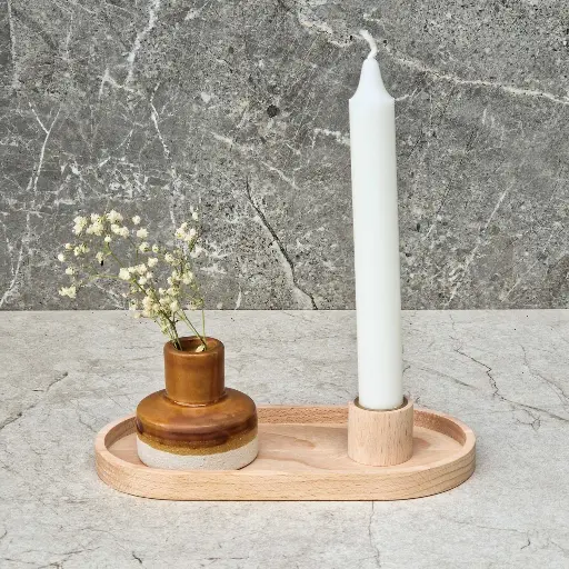 [BK15-00922-H-025351] Beech tray with candle holder and golden cap 200x100x15mm